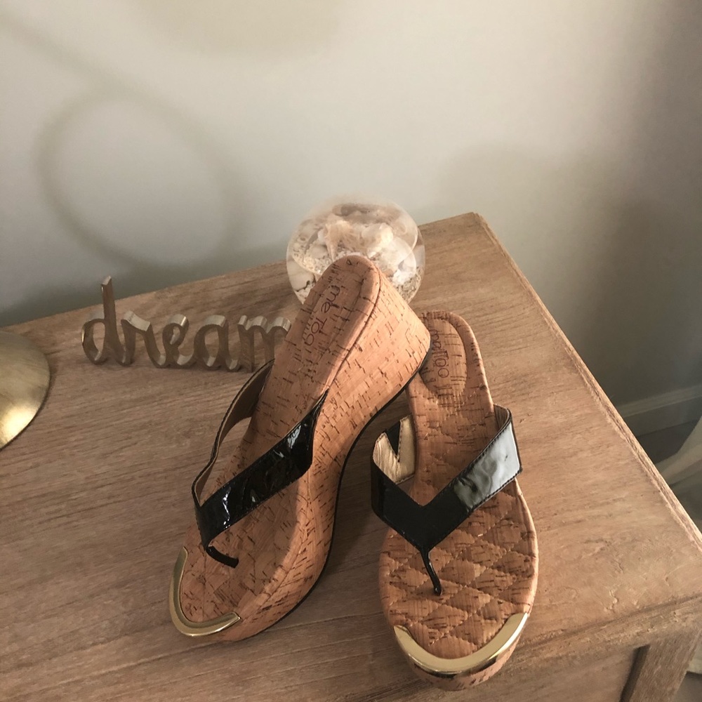 Me Too Black Patent Cork Wedge Slides
